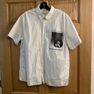 Topman Logo Patch Guardian Foo Dog White Casual Button Down SS Shirt Mens Size M